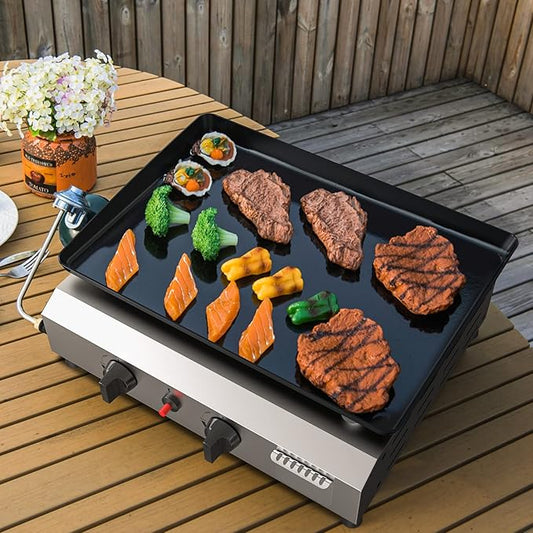SKOK 2 Burner Gas Griddle-17 Inch Outdoor Propane Griddle- 20000 BTU Propane Fuelled, Portable Flat Top Gas Grill Camping Griddle Station for Kitchen, BBQ, Tailgating or Picnicking