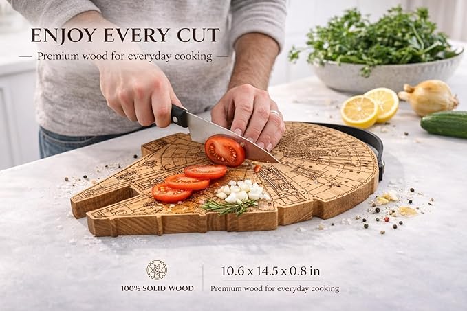 Millenium Falcon Inspired Wooden Cutting Board, Wood Cutting Boards for Kitchen, Non Toxic Hardwood Cutting Board, Wooden Chopping Board, Charcuterie Cheese Serving Board, Sci Fi Gift