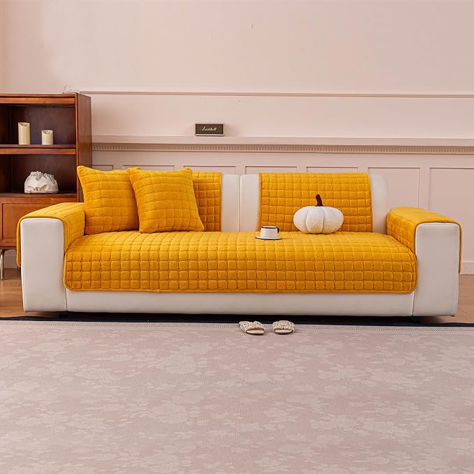 Velvet Couch Cover, Plush Sectional Sofa Cover Washable, Anti Slip Sofa Slipcover for Armrest & Backrest, Furniture Protector Covers for Pets & Kids(1PC,Mustard Yellow,28"×28")