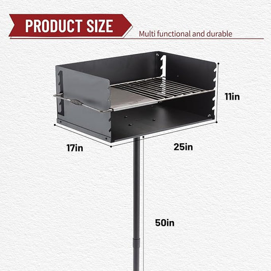 25"×17" Park-Style Charcoal Grill, Heavy Duty Steel Outdoor BBQ Park Grill with Stainless Steel Cooking Grate and Post for Backyard or Camping, Black