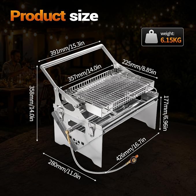 Portable Gas Grill,360° Rotating Charcoal Grill,Stainless Steel Flipping Camping Barbecue Grill with Carry Bag,Detachable BBQ Grill & Fire Pit for Outdoor Cooking,Camping,Tailgating, Patio & Backyard