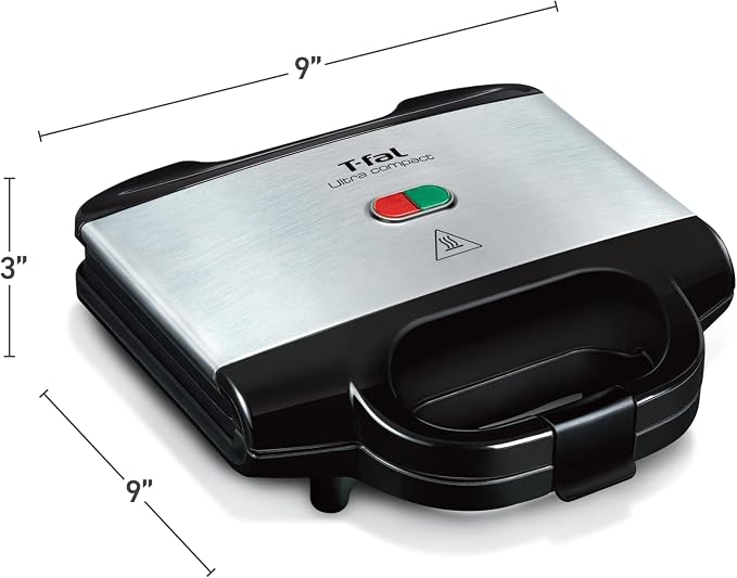 T-fal Compact Sandwich Maker and Panini Press, 625W, Nonstick Grill | Nonstick plates, Safety lock button, Vertical cord storage, Cool-touch insulated handle, Indoor sandwich press grill