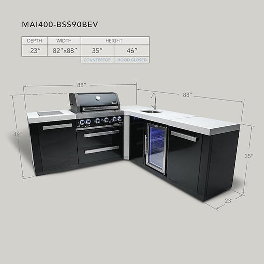 Mont Alpi Premium 82"W x 88"D Black Stainless Steel L-shaped Outdoor Kitchen Island with Refrigerator Faucet & Sink + 32"W 4-Burner BBQ Gas Grill + Granite Countertops + Storage + Rotisserie + Cover