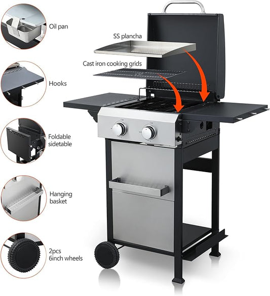 2-Burner Propane Gas BBQ Grill, SS Plancha, 24600BTU Output With Wire Enamel Cooking Grids For Outdoor Barbecue, Foldable Side Table, Hanging Basket, Stainless Steel