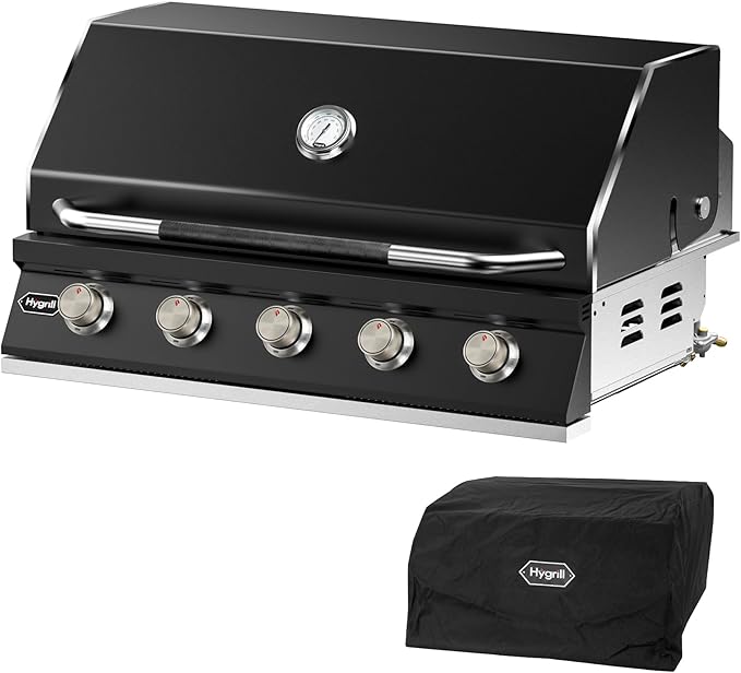 Hygrill STD Series 40-Inch Built In Grill for Natural Gas, Stainless Steel Outdoor Kitchen 5-Burner Grill Head, Black