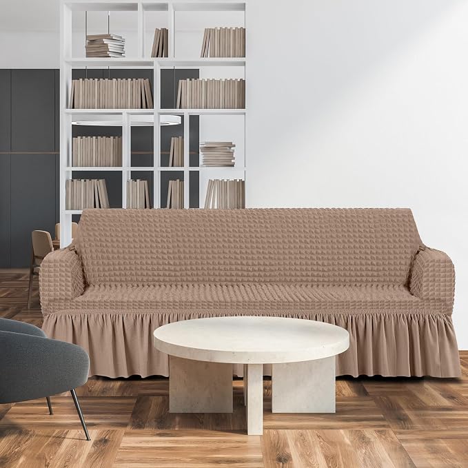 Fanfanwin 3 Pcs Sofa Slipcover Set for Couch Cushion Durable Washable High Elastic Stretchable Furniture Couch Covers with Skirt for Sofa Loveseat Arm Chair(Khaki,Seersucker)