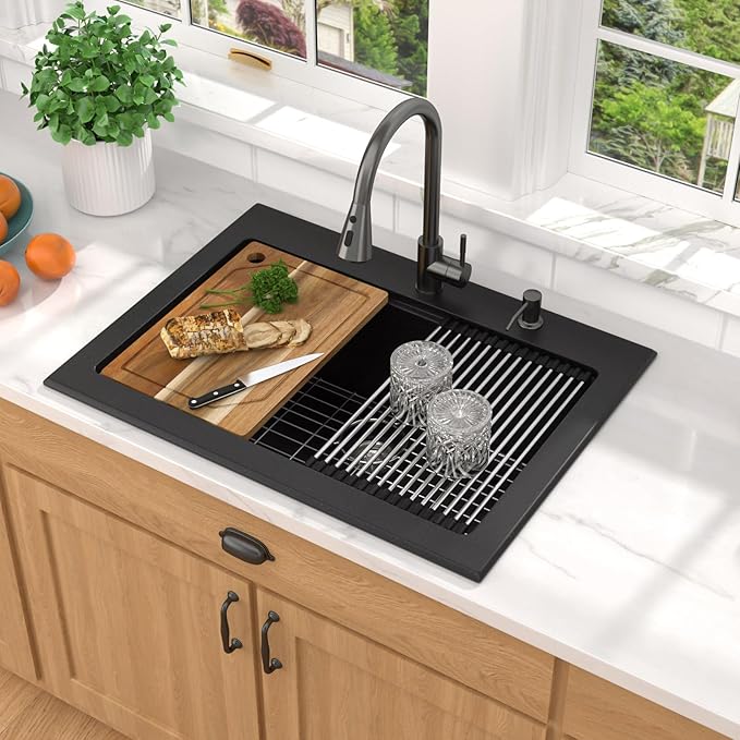 Granite Composite Kitchen Sink - 30 Inch Matte Black Granite Kitchen Sink Drop In Topmount Workstation Quartz Single Bowl Sinks All-In One, 30"x22" #TLGT-124