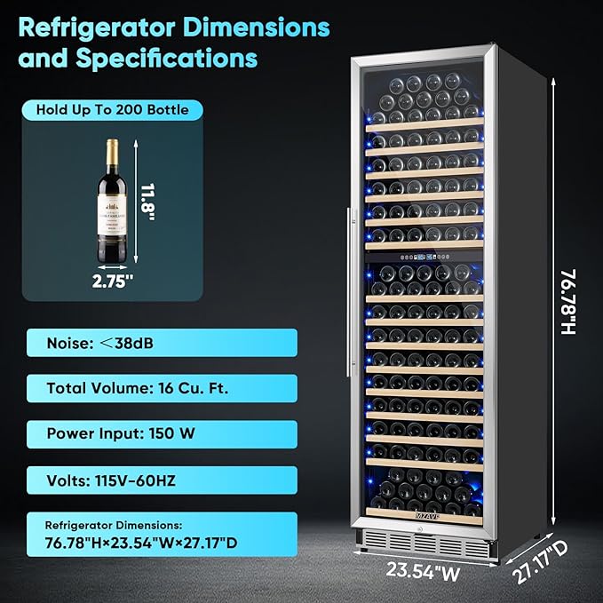 200 Bottle Wine Fridge Dual Zone, 24 Inch Wine Cooler Refrigerator Freestanding or Built-in, Professional Wine Cellar with Advanced Temperature Control and Compressor Cooling, Quiet Operation