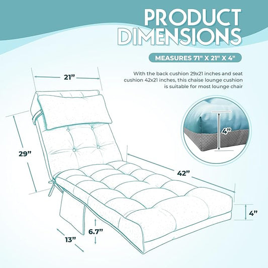 Outdoor Chaise Lounge Chair Cushion, Waterproof Outdoor Chair Cushions for Patio Furniture, 71 x 21 x 4 Inches Replacement Chaise Lounge Cushion with Ties (Teal)