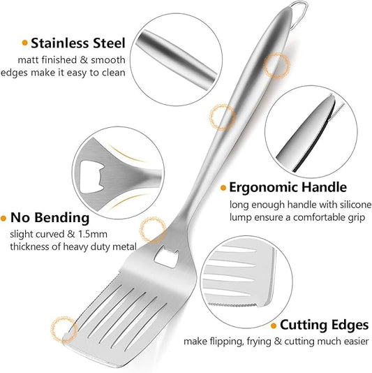 HaSteeL Grilling Utensil Set 18in, Stainless Steel BBQ Accessories Tools with Bag for Outdoor Cooking Camping, Heavy Duty Grill Spatula, Tong, Meat Fork, Basting Brush, Cleaning Brush, Manโs Gift