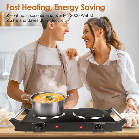 Electric Hot Plate for Cooking, 2000W Portable Cooking Stove Countertop Dual Burner Cooktop, Adjustable Temperature Control for All Cookwares Home Camp RV, Easy to Clean (Black)