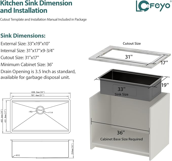 33x19 Inch Black Undermount Kitchen Sink Workstation Nano Coating 304 Stainless Steel 16 Gauge Handmade Under Counter Single Bowl Deep Kitchen Sink Basin,LOF-B9986