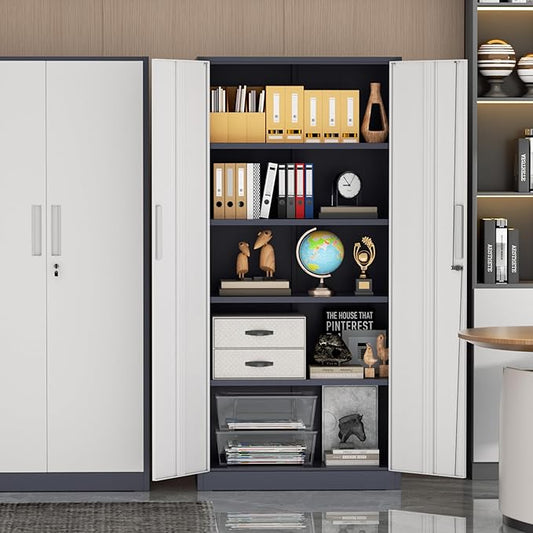 Incbruce 72โ Metal Storage Cabinet, Garage Cabinets and Storage System with Doors and Shelves, Tall Lockable Tool Cabinet for Garage, Office, Home (Grey White)