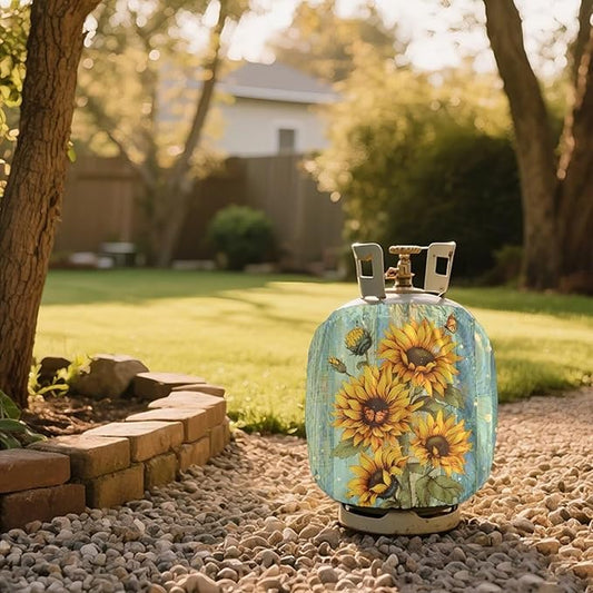 Rv Propane Tank Cover 20 lb Sunflower Wood Print Gas Tank Cover Outdoor 600D Heavy Duty Waterproof Covers Fits Standard 20 lb Cylinder, 13.7'' x 16.5''