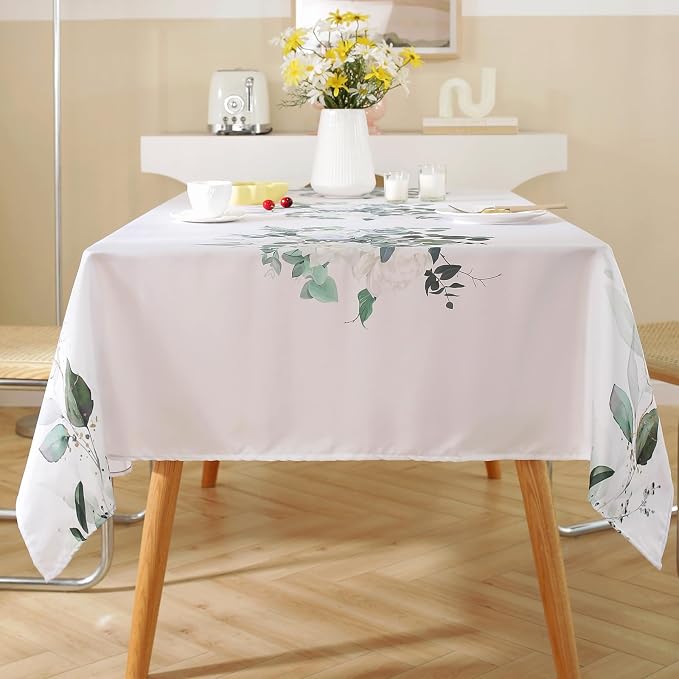 SASTYBALE Eucalyptus Floral Tablecloth 52x70 Inch Rectangular | Washable, Spillproof, Wrinkle-Free Fabric Table Cloth for Spring Summer Indoor Outdoor Kitchen, Dining, Garden Decor