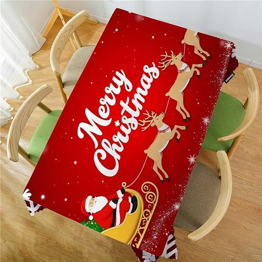 Swono Santa Claus 52"X70" Oblong Table Cloth Christmas Santa On Sleigh Snowflakes Wrinkle Free Table Cover Farmhouse Tablecloth for Home Restaurant Picnic Indoor Outdoor Dining, Red