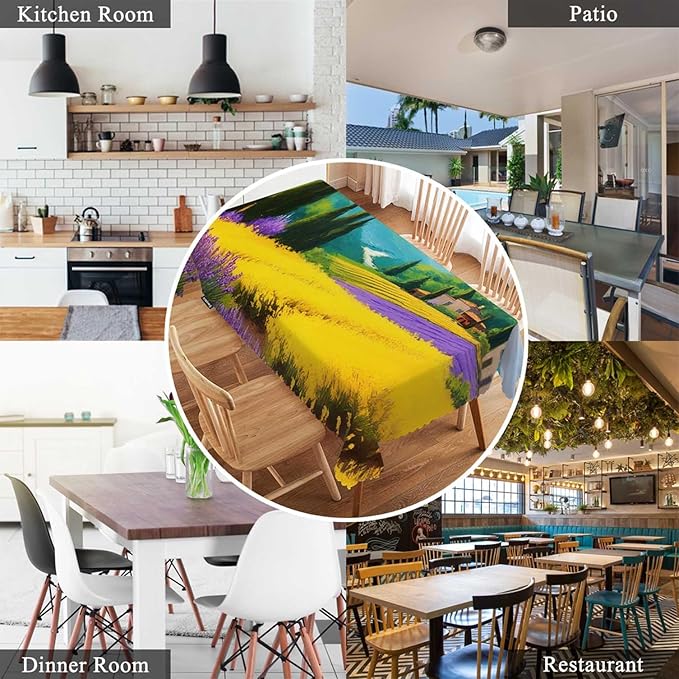 Swono Countryside Rectangle Tablecloth Rural Houses Rye Field Cypress Trees Mountains Table Cloth Dining Table Cover for Home Kitchen Restaurant Party Buffet Picnic, 52x70 Inch