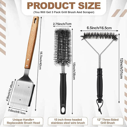 3 Pcs 304 Stainless Steel BBQ Grill Brush, 16.7'' Grill Brush Bristle Free, 15 ''Three-Head and 12''Three-Sided Brushes for Outdoor BBQ Accessories, Ideal Gift for Men/dad