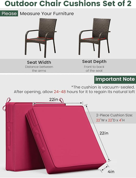 Outdoor Chair Cushion 22 x 22 x 4 Inches Patio Furniture Outdoor Waterproof Seat Cushion, Patio Chair Cushion with Handles and Ties, Square Dining Chair Cushion Set of 4, Pink