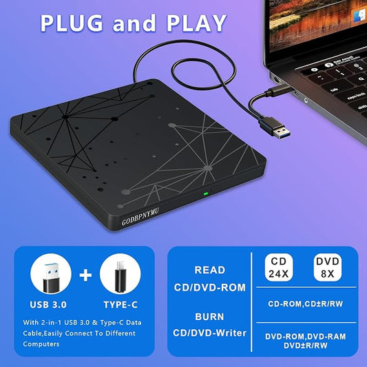 External CD/DVD Drive for Laptop, Ultra-Thin USB Disk Drive, DVD Player for Laptop, USB 3.0 CD Burner USB-C CD-ROM Reader for Windows 11/10/8/7 XP Linux MacOS with 1+4 Storage Bag