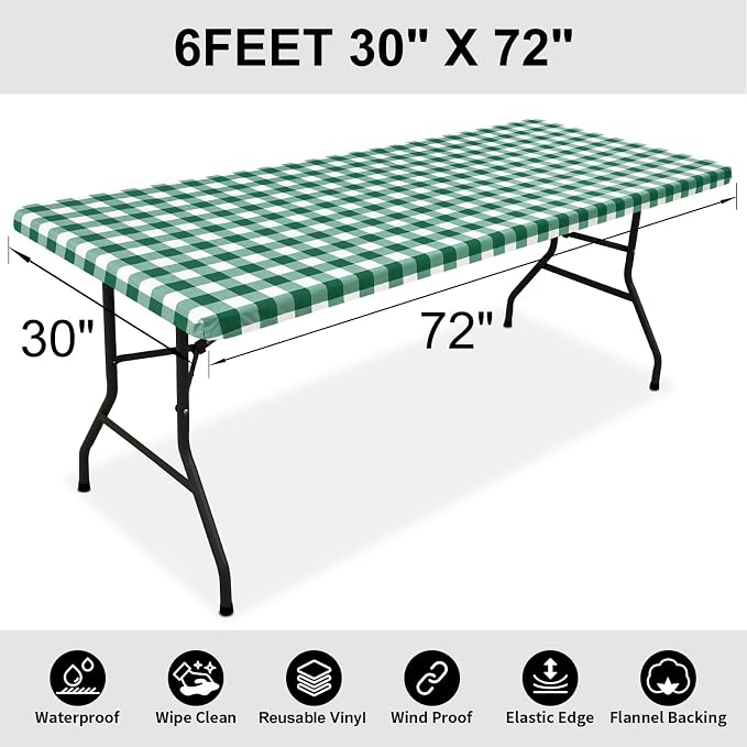 Smiry Rectangle Picnic Table Cloth, Elastic Waterproof Fitted Vinyl Tablecloths, Flannel Backed Buffalo Plaid Table Covers for Dining, Camping, Outdoor (Emerald Green and White, 30" x 72")