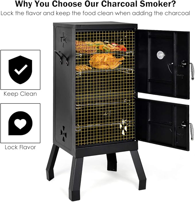 DORTALA Vertical Charcoal Smoker, Outdoors Charcoal Barbeque, Smoked Carbon Oven, Iron Structure, w/Two Chrome-plated Nets, Two Charcoal Pots, Suitable for Lawn Picnic, Backyard BBQ (Black)