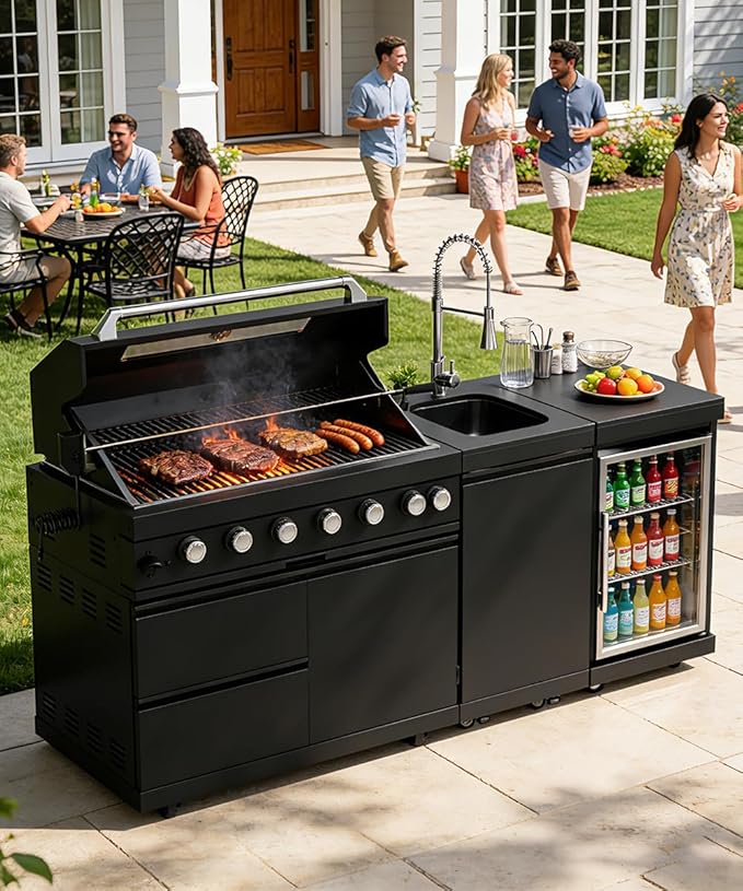 Outdoor Kitchen Island Barbecue Grill with Refrigerator & Rotisserie, Heavy-Duty Stainless Steel Freestanding Grills Station, Weather-Resistant Cooking Cabinet for Backyard & Summer Propane Gas