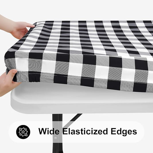 Smiry Rectangle Picnic Table Cloth, Elastic Waterproof Fitted Vinyl Tablecloths, Flannel Backed Buffalo Plaid Table Covers for Dining, Camping, Outdoor (Black and White, 30" x 96")