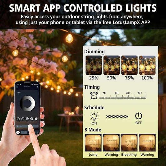 100FT G40 LED Smart String Lights App Controlled with Romote for Outside | Outdoor Patio Lights Connectable with 40+2 Shatterproof LED Bulbs, Outdoor String Lights Timer for Backyard Balcony Garden
