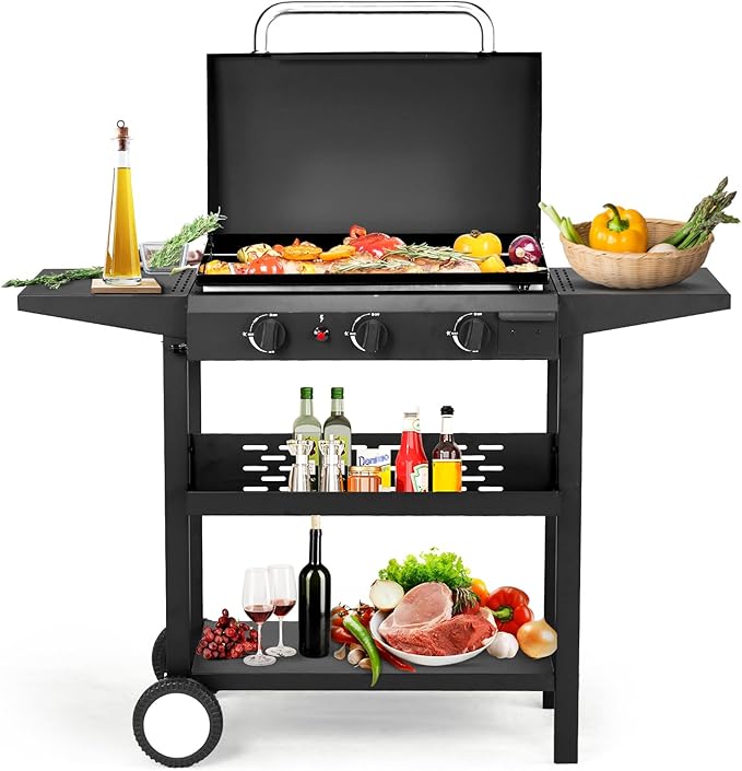 3-Burner Flat Top Gas Griddle Cooking Station with Ceramic Coated Cast Iron Pan, 30,000 BTU Propane Fuelled Griddle Station with Side Shelves & Spice Rack for Outdoor Barbecue Backyard Cookout
