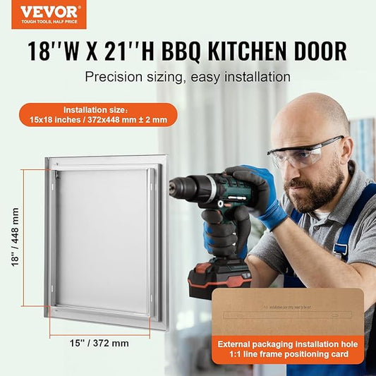 VEVOR Outdoor BBQ Kitchen Door, 18W x 21H Inch Stainless Steel Flush Mount Vertical Door with Recessed Handle, for BBQ Island, Grilling Station, Outside Cabinet