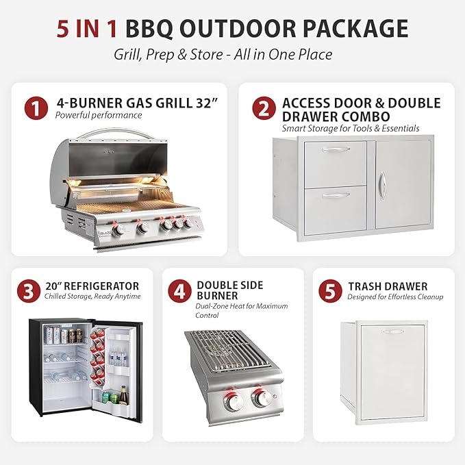 BLAZE BBQ Outdoor Gas Grill Package of 32” LTE Built-in Gas Grill, LTE Built-In Double Side Burner, 32” Door & Two Drawers Combo, Roll Out Double Trash Drawer, Compact Refrigerator and Accessories