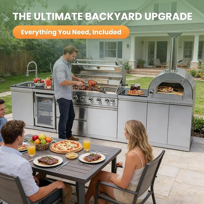 128" Modular Outdoor Kitchen,120,000 BTU Stainless Steel Propane Grill with Built-In Pizza Oven,Rotisserie,Refrigerator,Granite Countertop,Storage Drawers & Cabinets.