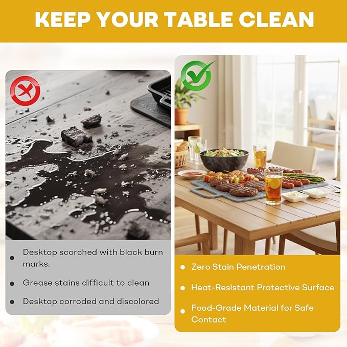 Portable Outdoor Silicone Grill Mat, Foldable Heat-Resistant Table Mat & BBQ Side Shelf Tool Pad with Snap Buttons, Converts into Storage Bag for Utensils and Food, Food-Grade, Non-Slip(Gray)