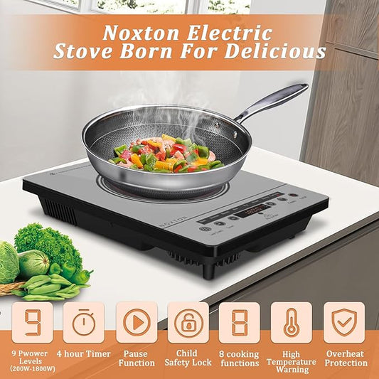 Noxton Portable Electric Stove 110V, 1800W Single Burner Electric Cooktop, Countertop Burner Electri Hot Plate, 4 Hour Timer, 9 Power Level, Child Safety Lock, Compatible with All Cookware(Grey)
