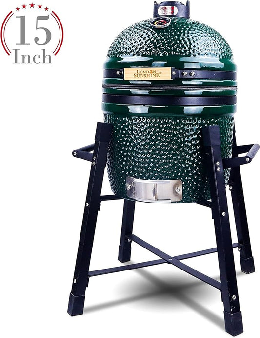 London Sunshine Ceramic Kamado Charcoal BBQ Grill and Smoker, Stainless Steel Grates -15" Ceramic with Tall Stand (GREEN)