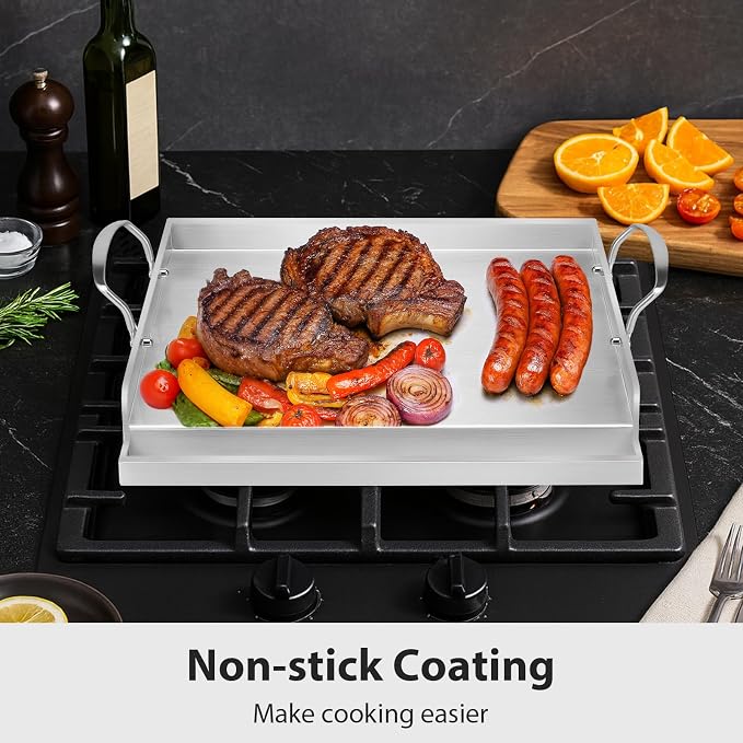 Utheer Stainless Steel Griddle for Gas Grill, Nano Ceramic Nonstick 17 x 13 | For Gas Grill, Charcoal, Oven, Stove Top, Non-Toxic, PFAS/PFOA/PTFE Free, Oven Up to 500°F, For BBQ, Camping & Kitchen