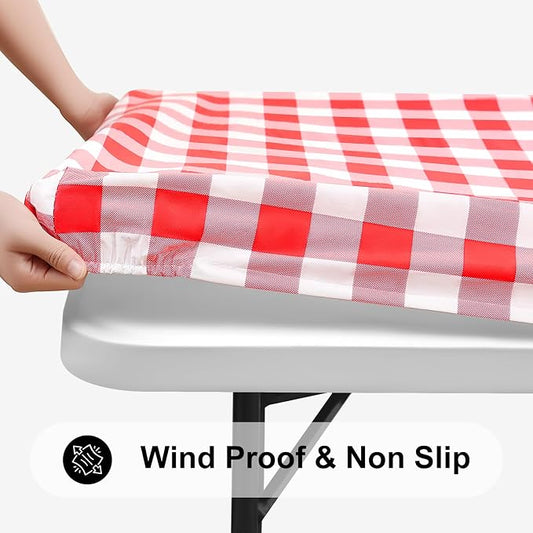 Smiry Rectangle Picnic Table Cloth, Elastic Waterproof Fitted Vinyl Tablecloths, Flannel Backed Buffalo Plaid Table Covers for Dining, Camping, Outdoor (White and Red, 36" x 96")
