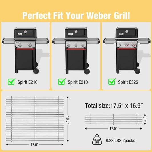 Utheer 304 Stainless Steel Grill Grates for Weber Spirit 2025 Front-Control Models, Fits Spirit E-210 E-310 E-325, 2PCS 7mm Solid Stainless Steel Replacement Grates, Replaces Weber 7637
