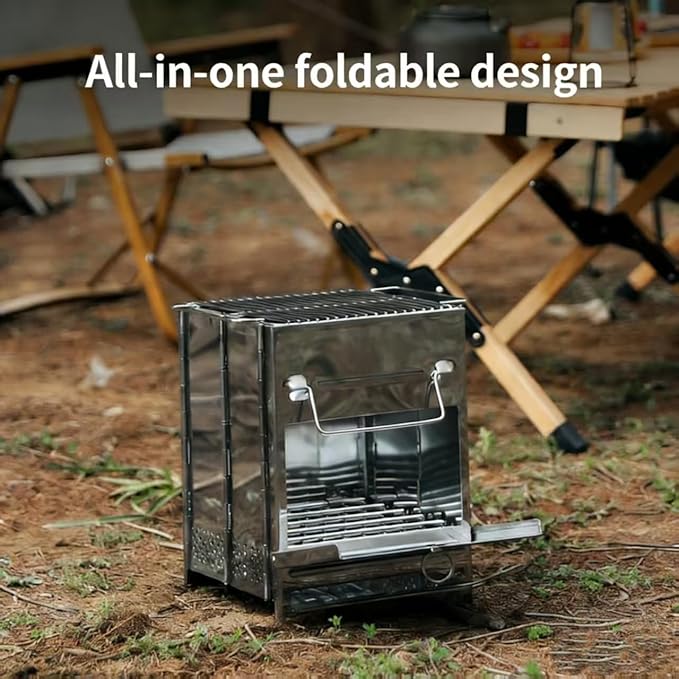 Portable Folding Stainless Steel Camping Wood Burning Stove and Charcoal BBQ Grill