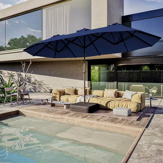 Kingdura 15ft Large Patio Umbrella with Base Included, Double-Sided Rectangle Outdoor Table Umbrella with 12 Reinforced Ribs, Crank Lift for Market Pool Deck Backyard, Navy blue