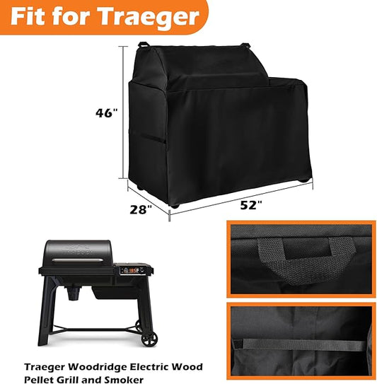 Grill Cover for Traeger Woodridge Wood Pellet Grills, 52 inch 600D Heavy Duty Waterproof Full Length Cover, BAC761 BAC756 for Traeger TFB86MLH, Outdoor Pellet Grill Accessory