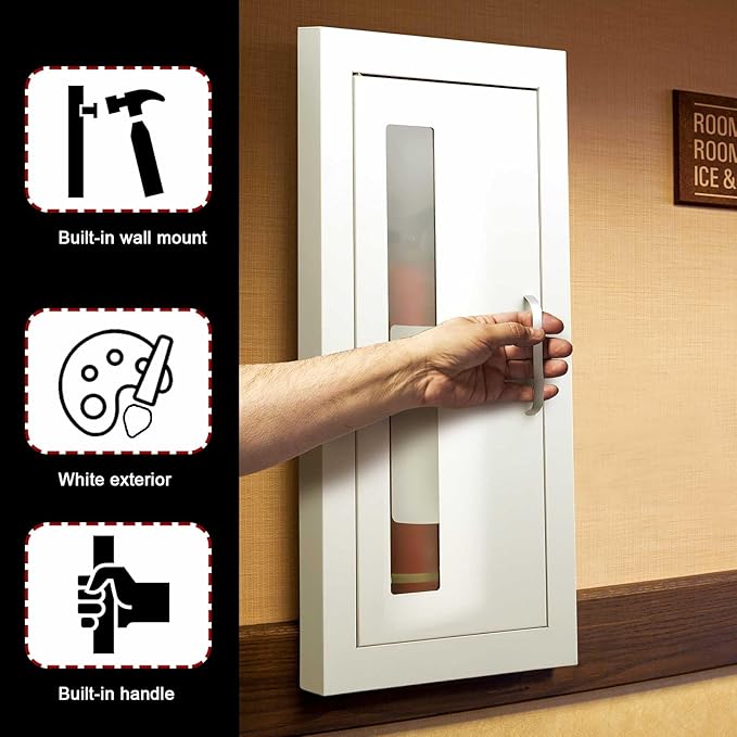 Zonon 1 Pcs Semi Recessed Fire Extinguisher Cabinet Industrial Architectural Wall Cabinet, Door with Handle Version for 10 Pound Dry Chemical Fire Extinguisher White