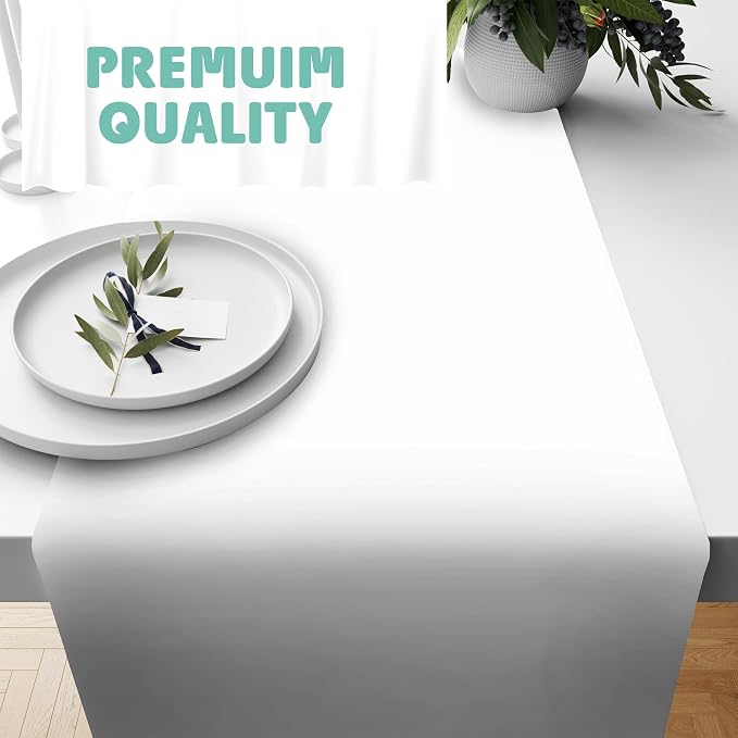 White Table Runner – 14" X 110' Premium Plastic Longtable Runners with Cutter Box - Cut to Size - Decorative Rectangle Table Runners - Smooth Table Cloth - Disposable Table Cloths, Parties, Weddings.