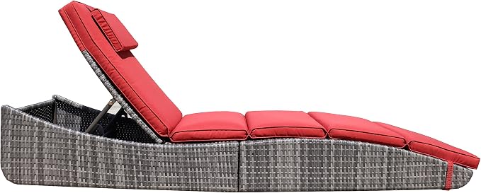 BTEXPERT Foldable Outdoor Chaise Pool Lounge Chair Folding Wicker Rattan Sun Bed Patio Couch Reclining Lounger Adjustable Padded Backrest Pillow Assembled - Red Burgundy
