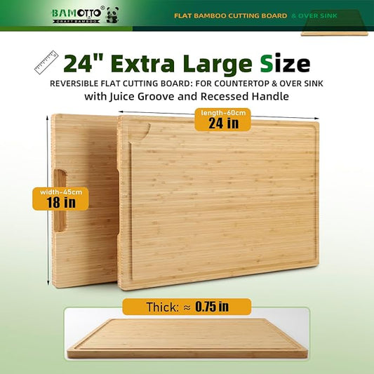 BAMOTTO CRAFTBAMBOO XXL Extra Large 100% Organic Bamboo Cutting Board 24"x18" - Butcher Block Chopping/Carving Board with Handle & Juice Groove for Turkey, Meat, Vegetables, BBQ