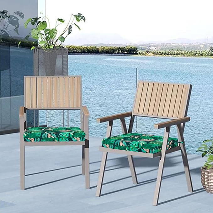 Cozyide Outdoor Chair Cushions, Waterproof Patio Seat Cushions with Adjustable Straps, Square Corner Patio Chair Cushions for Garden, Green Leaf, 18.5x16x3 Inch (Pack of 4)