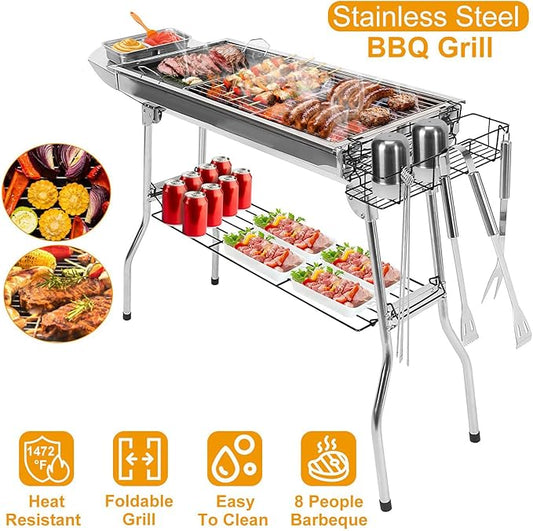 Portable Charcoal Grill, Large Stainless Steel Folding Grill with Side Table & Storage, Barbecue for outdoor Cooking Camping Parties Garden, Backyard Grilling and Family Picnics (39x13x28 In)