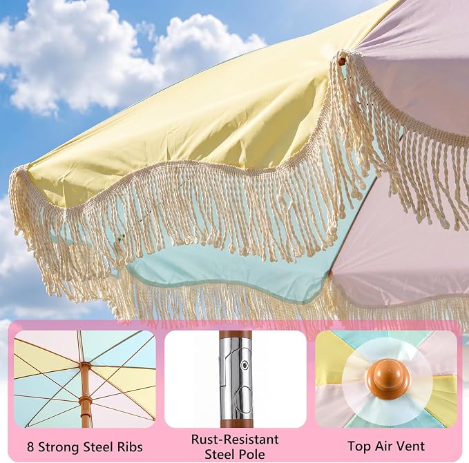 CroBlissful 6 ft Boho Fringe Patio Umbrella, Upf 50+ Macaron Outdoor Picnic Canopy with Tassels, 8 Steel Ribs and 30° Push Button Tilt, Colorful Beach Umbrella for Garden, Pool, Backyard
