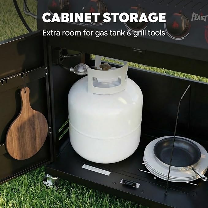 Feasto 5 Burner Propane Gas Grill with Side Burner & Sear Burner, Porcelain-Enameled Main Body and Lid, Propane BBQ Grill with Warming Rack & Storage Cabinet for Outdoor, Patio, Backyard